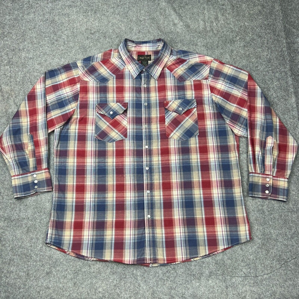 High Noon Shirt Men 2XL XXL Red Blue Plaid‎ Pearl Snap Long Sleeve Western Ranch